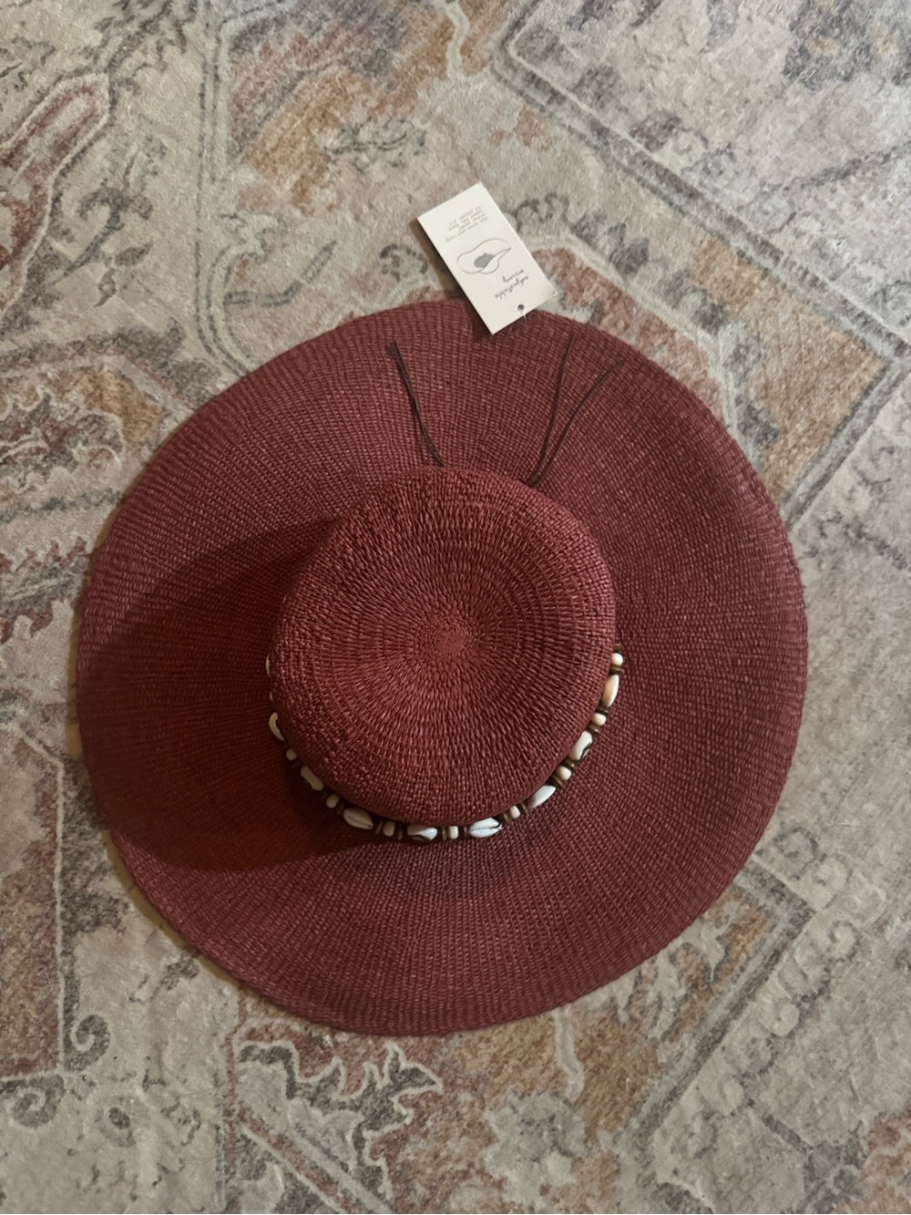 a new day Burgundy Wide-Brim Straw Sun Hat with Beaded Trim
